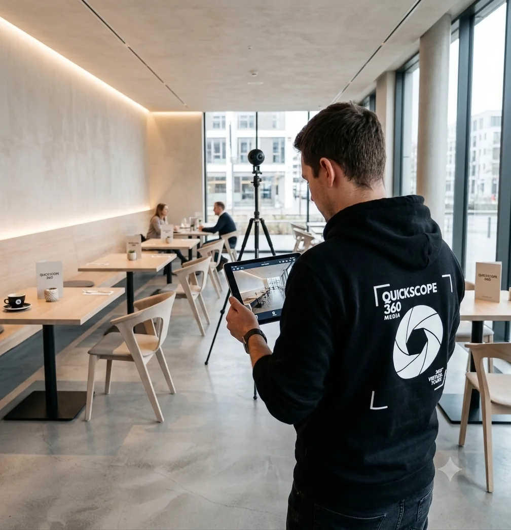 360°-Fotograf bei der Aufnahme eines modernen Cafés